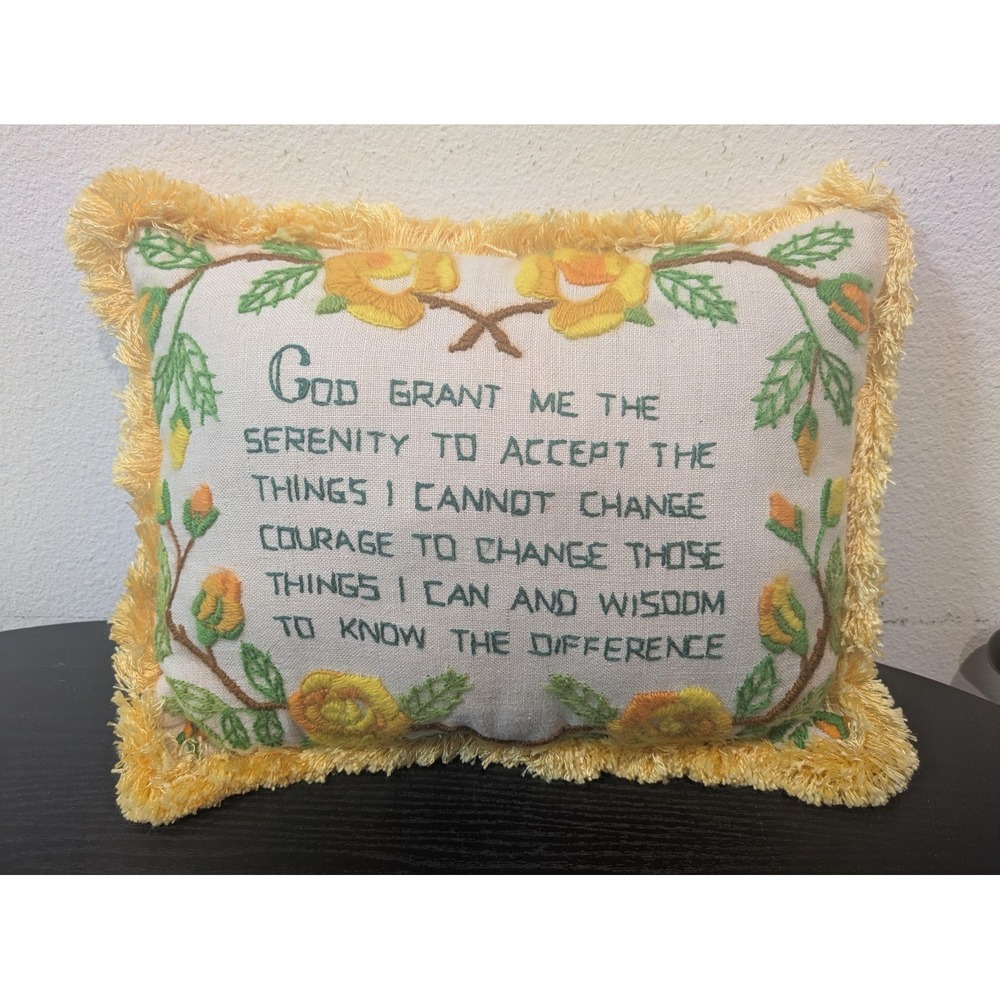 Vintage Handmade Serenity Prayer Pillow Multicolor Floral Fringe Non-Standard
